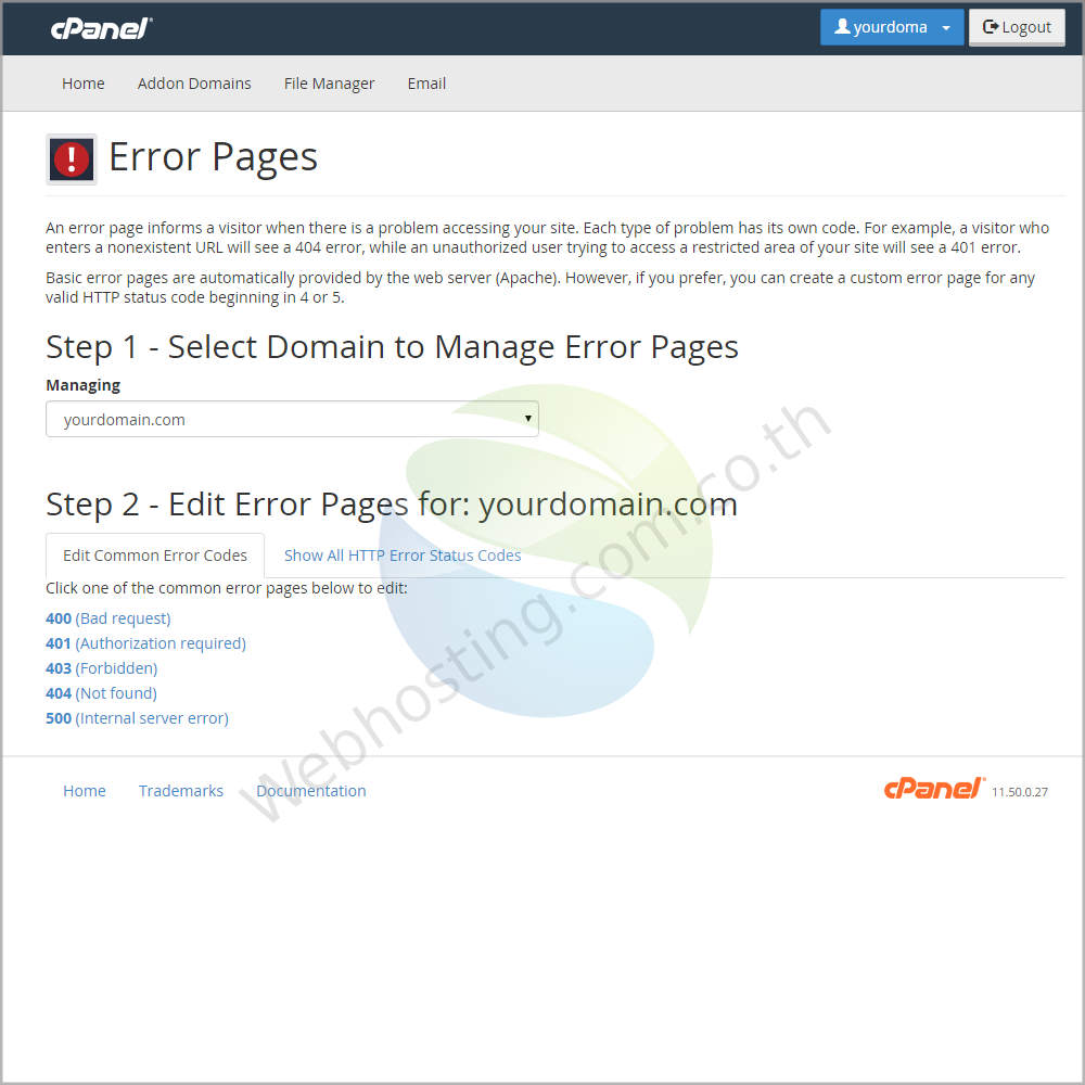 Cpanel web hosting แนะนำหน้าจอ cpanel screen - ระบบจัดการเว็บโฮสติ้งด้วย Cpanel-Error Pages หน้าจอสำหรับแจ้งข้อผิดพลาดบนเว็บไซต์  ประกอบด้วย ฟังก์ชั่นสำหรับการแก้ไขข้อผิดพลาดที่เกิดขึ้นจากการเข้าชมหน้าเว็บไซต์ของคุณ โดยคุณสามารถ เลือกชื่อโดเมนที่ต้องการแแก้ไข และ เลือกข้อผิดพลายที่จะทำการแก้ไขได้