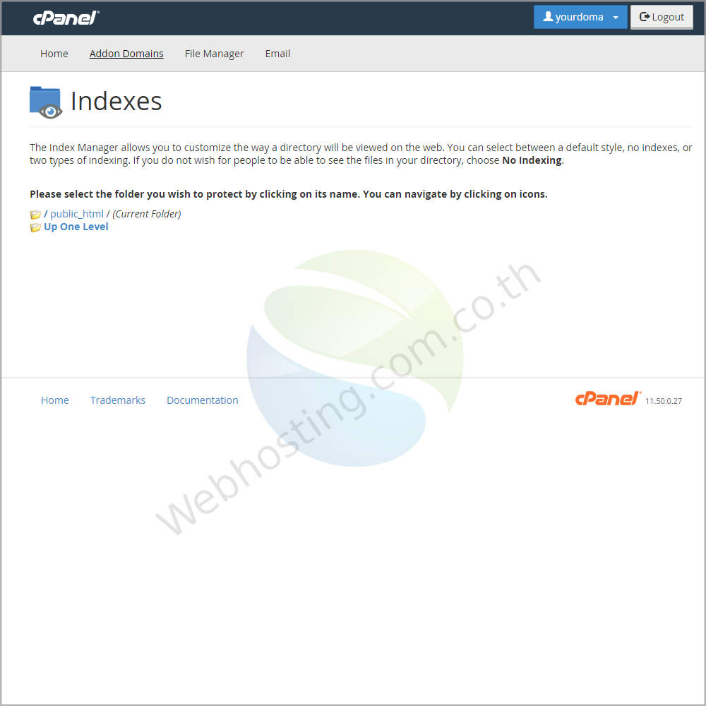web hosting thai cpanel screen - ระบบจัดการเว็บโฮสติ้งด้วย Cpanel-Indexes หน้าจอสำหรับการกำหนดไดเรกทอรี (Indexes) ประกอบด้วย ฟังก์ชั่นการทำงานในการกำหนดค่าในการเข้าชมไดเรกทอรี่ให้แสดงผลในลักษณะที่ต้องการ