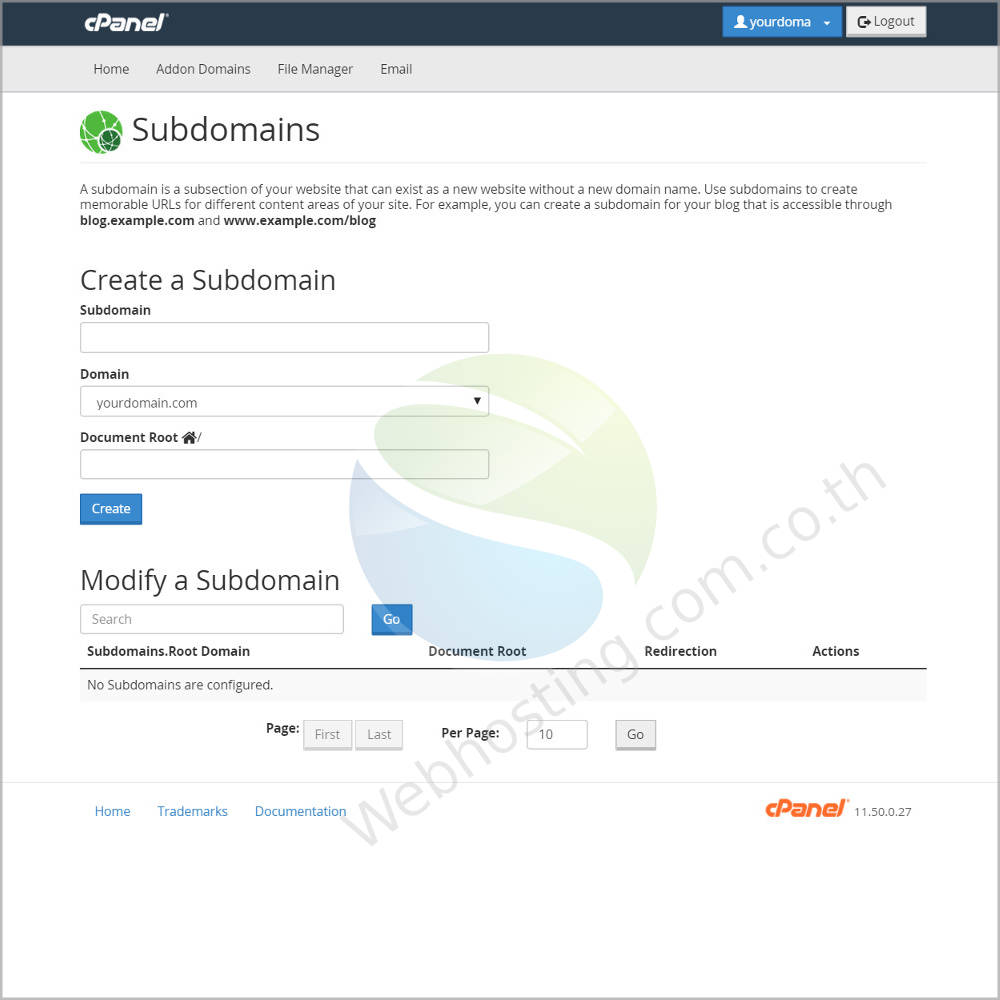 Cpanel web hosting แนะนำหน้าจอ cpanel screen - ระบบจัดการเว็บโฮสติ้งด้วย Cpanel - Sub domain หรือ ชื่อเว็บไซต์ย่อย หรือโดเมนเนมย่อย ที่แบ่งย่อยมาจากโดเมนเนมหลัก (Domain) เช่น โดเมนหลักคือ thailandwebhost.com เราสามารถสร้าง Subdomain ได้หลากหลาย เช่น domainname.thailandwebhost.com ,โดเมน.thailandwebhost.com,webhosting.thailandwebhost.com และอื่น ๆ อีกมากมาย ตามการใช้งานของคุณ