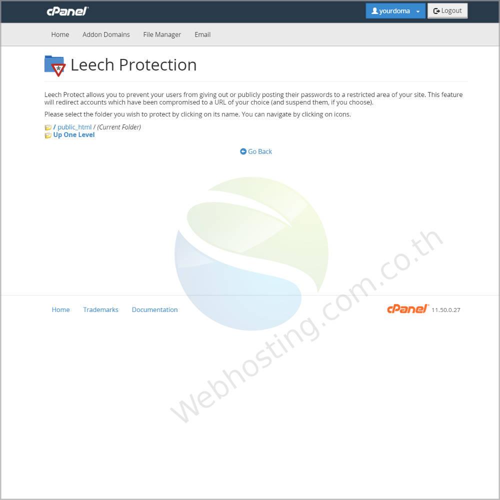 web hosting thai cpanel screen - ระบบจัดการเว็บโฮสติ้งด้วย Cpanel-Leech Protection เป็นการป้องกันการใช้งานโฟลเดอร์  เพื่อกำหนดการเข้าสู่ระบบหลายครั้ง